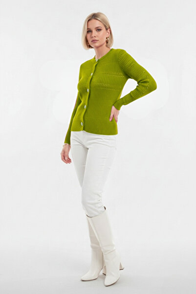 Mizalle F.yeşil Metal Düğmeli Yuvarlak Yaka Kaşkorse Fıstık Yeşili Hırka