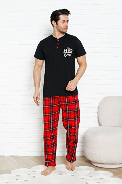 Enisena Men's Pajama Set - Plaid Bottoms-3 Buttoned - 100% Cotton 12386