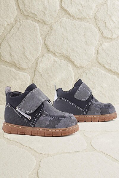 Rakerplus Genuine Leather Gray Camouflage Patterned Velcro Baby Boots