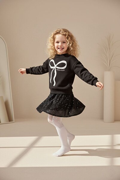 Yalçınoğlu Kids 2-10 Years Old Girl's Black Bow Printed Sweatshirt and Sequined Mini Skirt Two-Piece Set
