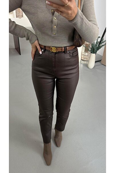Sezgi Tekin Premium Seri Kesik Paça Kahve Mumlu Pantolon