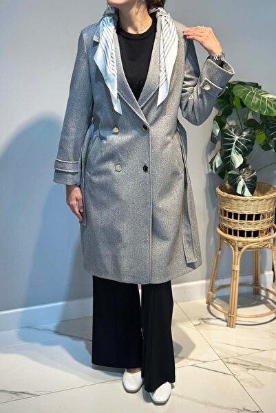 Lale Butik Scarf Detail Coat 30064 Gray
