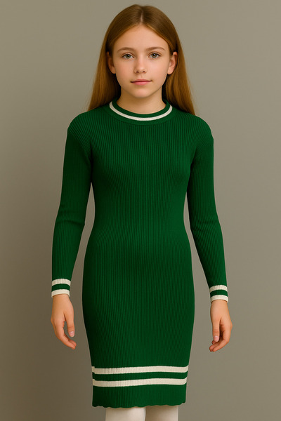 NEWCO Ριγέ Λεπτομερές φόρεμα και παιδικό πλεκτό φόρεμα με λεπτομέρεια με κουμπιά στον μήκος του γόνατου -323433