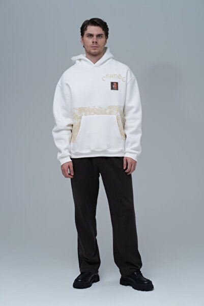 fame-stoned Change (Değişim) Artistic Patterned Printed , Embroidered Unisex 100% Cotton Hooded White Sweatshirt