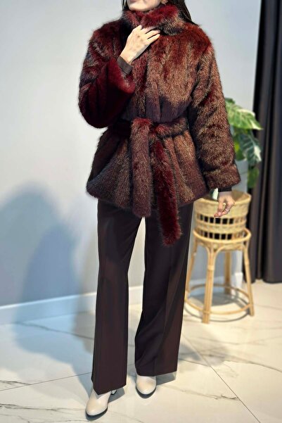 Lale Butik Belt Detail Fur Short Jacket 6186 Burgundy