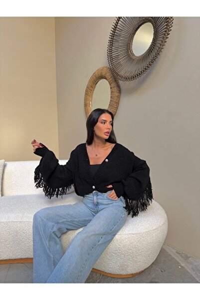 LE CARAMBOLE Women's Black Buttoned Front Tassel Detailed Knitwear Cardigan