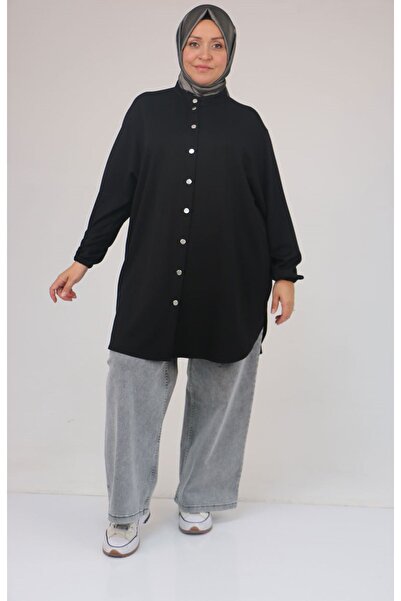 Eslina 58169 Plus Size Judge Collar Snap Fastener Modal Tunic - Black