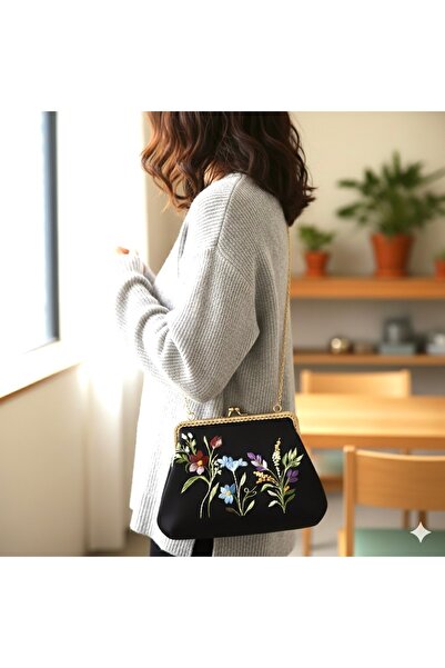 Home Black Linen Hand Embroidered Vintage Style Bag. Gold Color Chain Detailed. 100% Handmade 24X16 Size