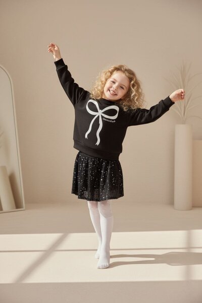 Yalçınoğlu Kids 2-10 Years Old Girl's Black Bow Printed Sweatshirt and Sequined Mini Skirt Two-Piece Set