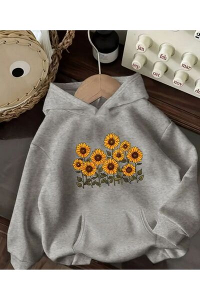 herkesemoda Sunflower Print Detailed Hooded Sweatshirt Gray