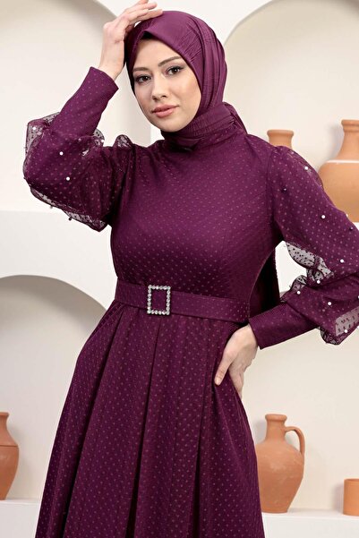 Missvalle Βραδινό φόρεμα από τούλι με πέτρινη ζώνη, Plum 12242