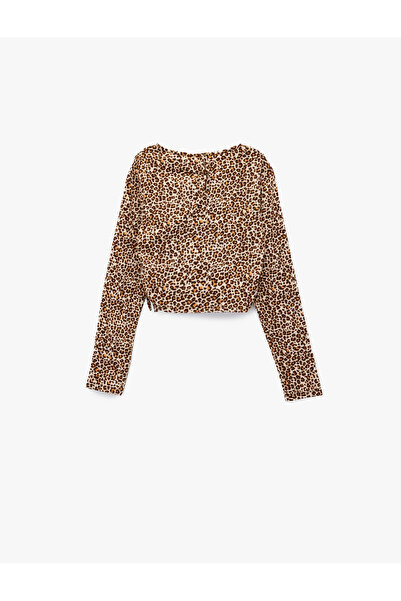 Koton Leopard Print Long Sleeve Crew Neck Crop Blouse