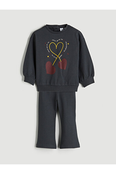 LC Waikiki Anthracite Printed Girls' Sweatshirt and Leggings Pants 2-Pack