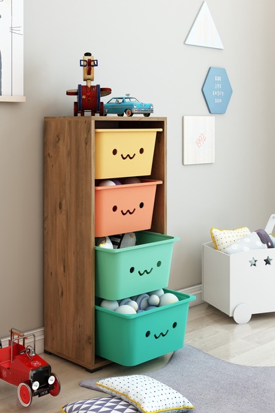 DEKOZUM KİDS 4 Large Güleryüz Sepetli Oyuncak Dolabı Oyuncak Kutusu Box