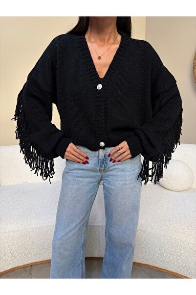 LE CARAMBOLE Women's Black Buttoned Front Tassel Detailed Knitwear Cardigan