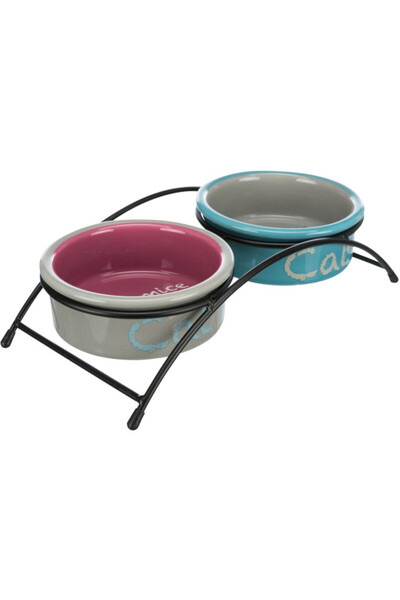 Trixie Set de 2 boluri ceramice cu suport metalic, 2x0,3 l, ø12 cm, gri/roz/albastru