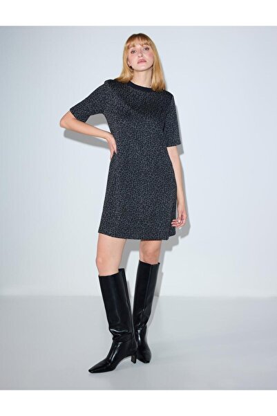 Jimmy Key Siyah Bisiklet Yaka Vatkalı Leopar Desenli Mini Elbise