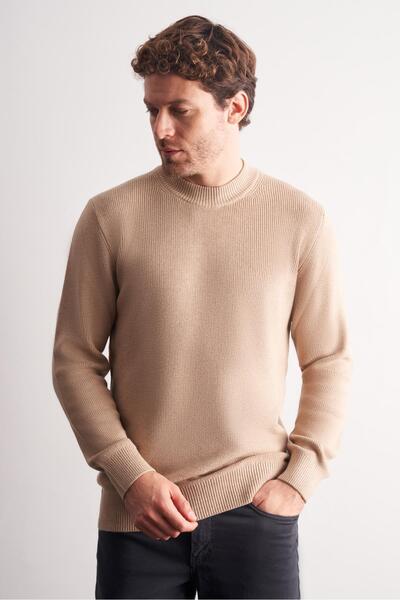 İmza Dark Beige Half Turtleneck Long Sleeve Pocketless Comfort Fit Casual Cotton Knitwear Sweater 1012255203