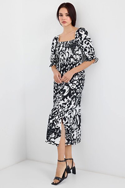 Hiccup Bdart Floral Midi Dress with Square Neckline and Slit