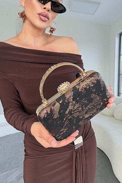 Eswomes İnci Detaylı Yılan Derisi Çanta Siyah