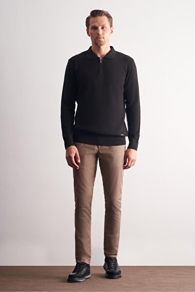 İmza Black Zippered Polo Neck Long Sleeve Pocketless Comfort Fit Casual Cotton Knitwear Sweater 1012255202