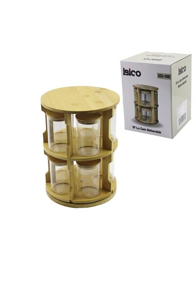 Go İthalat 10 Pcs Round - Glass with Rotating Stand - Bamboo Lid Salt Shaker - Spice Bowl Bamboo Stand (5273)