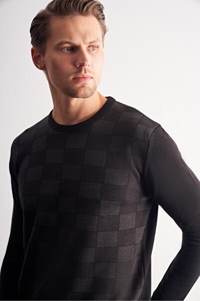 İmza Μαύρο πουλόβερ με μακρύ μανίκι χωρίς τσέπες Comfort Fit βαμβακερό πλεκτό πουλόβερ 1012255221