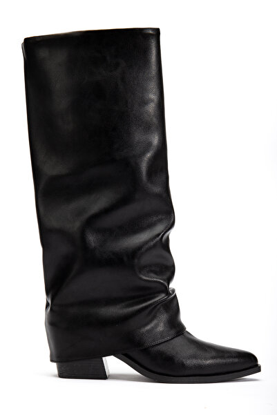 DENORA Siyah Mat Deri Sivri Burun Düz Pantolon Çizme