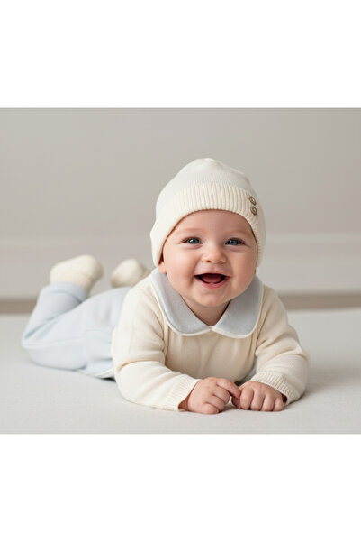 Florijee Bebe Yaka Kadife Erkek Bebek Tulum Seti 3 Parça– Mavi & Bej