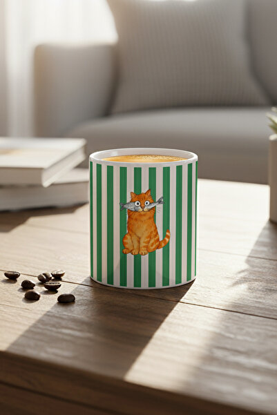 megodesignn Yeşil Çizgili Kedi Desenli Seramik Espresso & Türk Kahvesi Fincan...