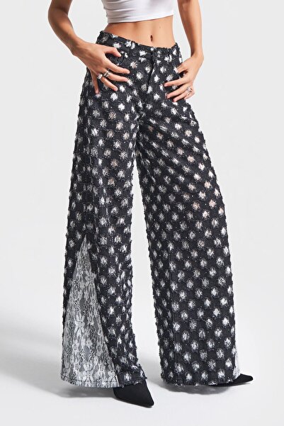 its basic Women's Anthracite White Color 7W5-51 Palazzo Fit Lace Detailed Special Fabric Design Denim Jean