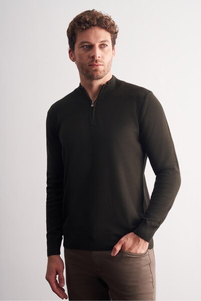 İmza Dark Khaki Zippered Mock Neck Long Sleeve Pocketless Comfort Fit Classic Cotton Knitwear Sweater 1012255201