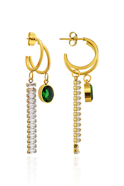 Cosmia Shine Yeşil Taş Detaylı Gold Çift Halka Paslanmaz Çelik Küpe