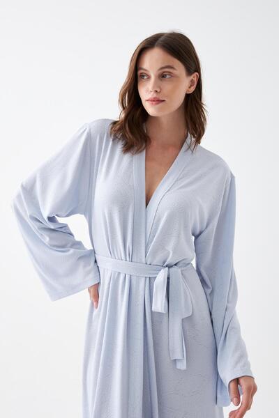 Akbeniz Women's Long Blue Combed Cotton Dressing Gown