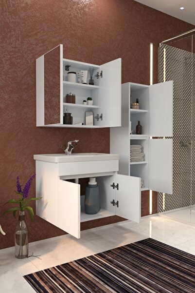 makbulce Tokyo Havlu Dolaplı 65cm Seramik Lavabolu MDF Aynalı Banyo Dolabı-Beyaz