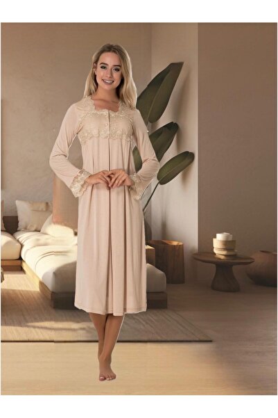 Lohusa Homewear قميص نوم نسائي أنيق للحوامل من فرو المنك مع تفاصيل دانتيل وخا...