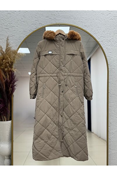 BENAHOLL Belola Hooded Fur Trimmed Waist-Tightening Hidden Zipper Quilted Coat-En2024 Mink