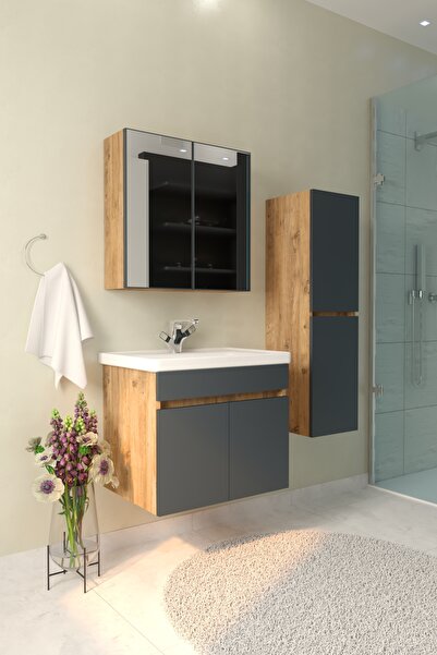 makbulce Tokyo Havlu Dolaplı 65cm Seramik Lavabolu MDF Aynalı Banyo Dolabı-Atlantik çam&antrasit gri