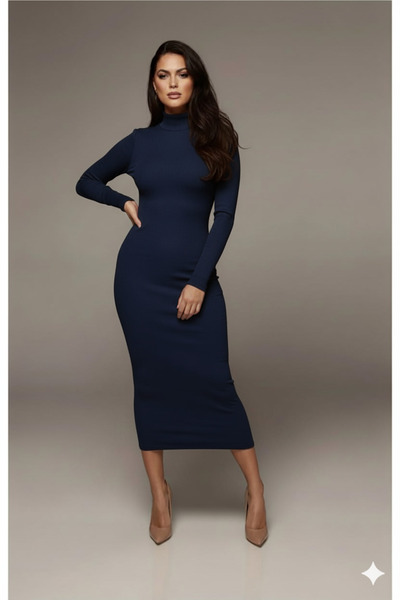 MaxiMor Women's Navy Blue Ribbed Knit Corded Fabric Fabric Mock Neck Pencil Model Dress Height 135 Cm1