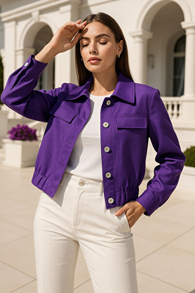 Rich Women's Purple Long Sleeve Pocket Detailed Short Jacket