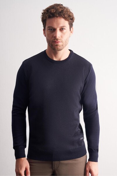 İmza Dark Navy Blue Crew Neck Long Sleeve Pocketless Comfort Fit Cotton Knitwear Sweater 1012255220
