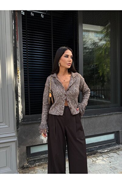 MODAMERSİ Women's Brown Polo Neck Tassel Trim Knit Cardigan