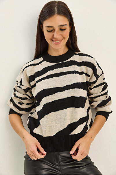Bianco Lucci Women's Thick Zebra Patterned Crew Neck Knitwear Sweater 60285007
