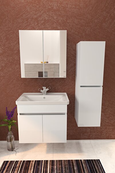 makbulce Tokyo Havlu Dolaplı 65cm Seramik Lavabolu MDF Aynalı Banyo Dolabı-Beyaz