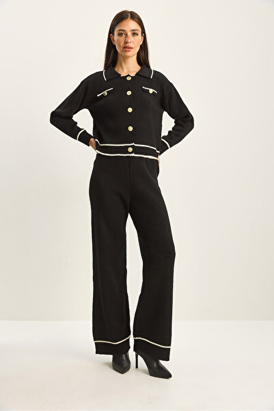 Bianco Lucci Women's Gold Button Detailed Palazzo Pants Piece Knitwear Bottom-Top Set 60285003