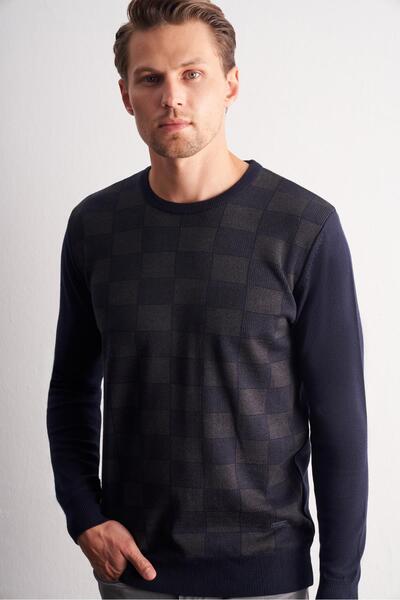 İmza Dark Navy Blue Crew Neck Long Sleeve Pocketless Comfort Fit Cotton Knitwear Sweater 1012255221