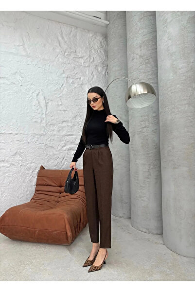 bysoca Kadın Kahverengi Yüksek Bel Kemerli Pileli Cepli Bilek Boy Havuç Kesim Klasik Kumaş Pantolon