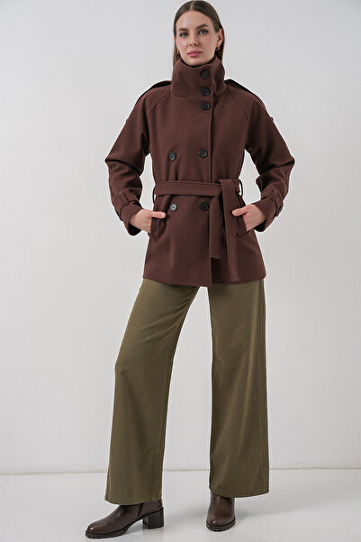 Bigdart Palton cu curea pentru femei 9162 - maro