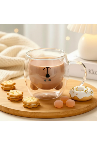 Salestore.ro Heat-resistant mug, double-walled glass 260ml, bear-shaped, for hot/cold drinks, Transparent