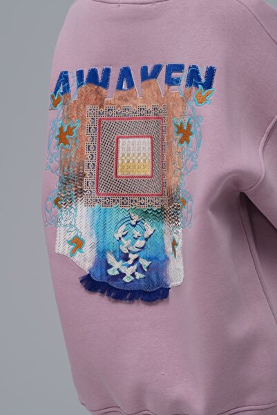 fame-stoned Awaken Patterned Printed , Embroidered Unisex 100% Cotton Hooded Pink Sweatshirt
